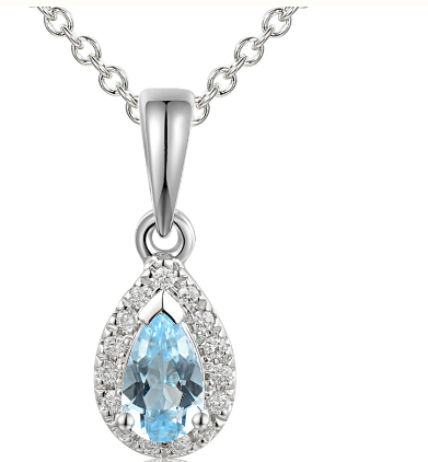 Micro Set Diamond Halo & Aquamarine Pear Pendant and Chain