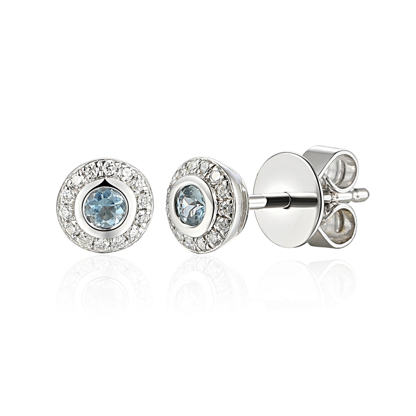 Rubover Set Aquamarine & Micro Set Diamond Halo Stud Earrings