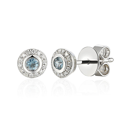 Rubover Set Aquamarine & Micro Set Diamond Halo Stud Earrings