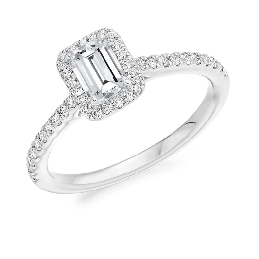 Emerald Cut Halo Solitaire With Diamond Set Shoulders