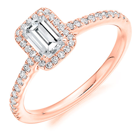 Emerald Cut Halo Solitaire With Diamond Set Shoulders