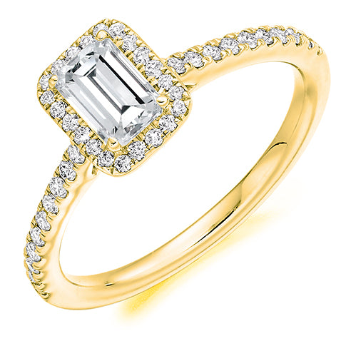 Emerald Cut Halo Solitaire With Diamond Set Shoulders