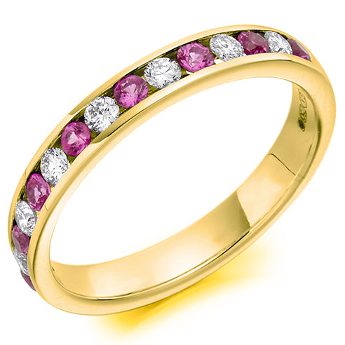 Round Brilliant Channel Set Diamond & Pink Sapphire Half Eternity Ring