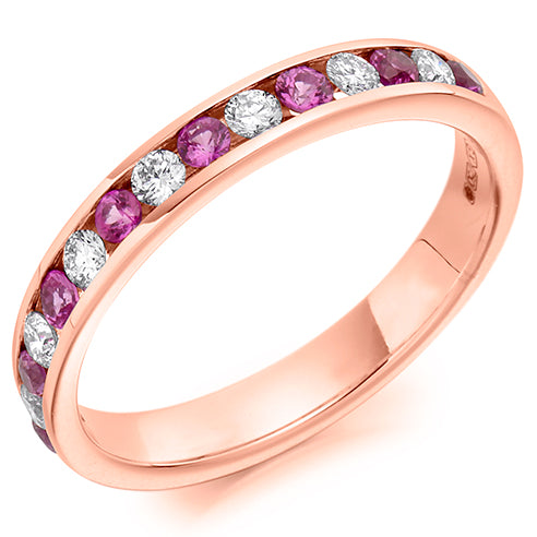 Round Brilliant Channel Set Diamond & Pink Sapphire Half Eternity Ring