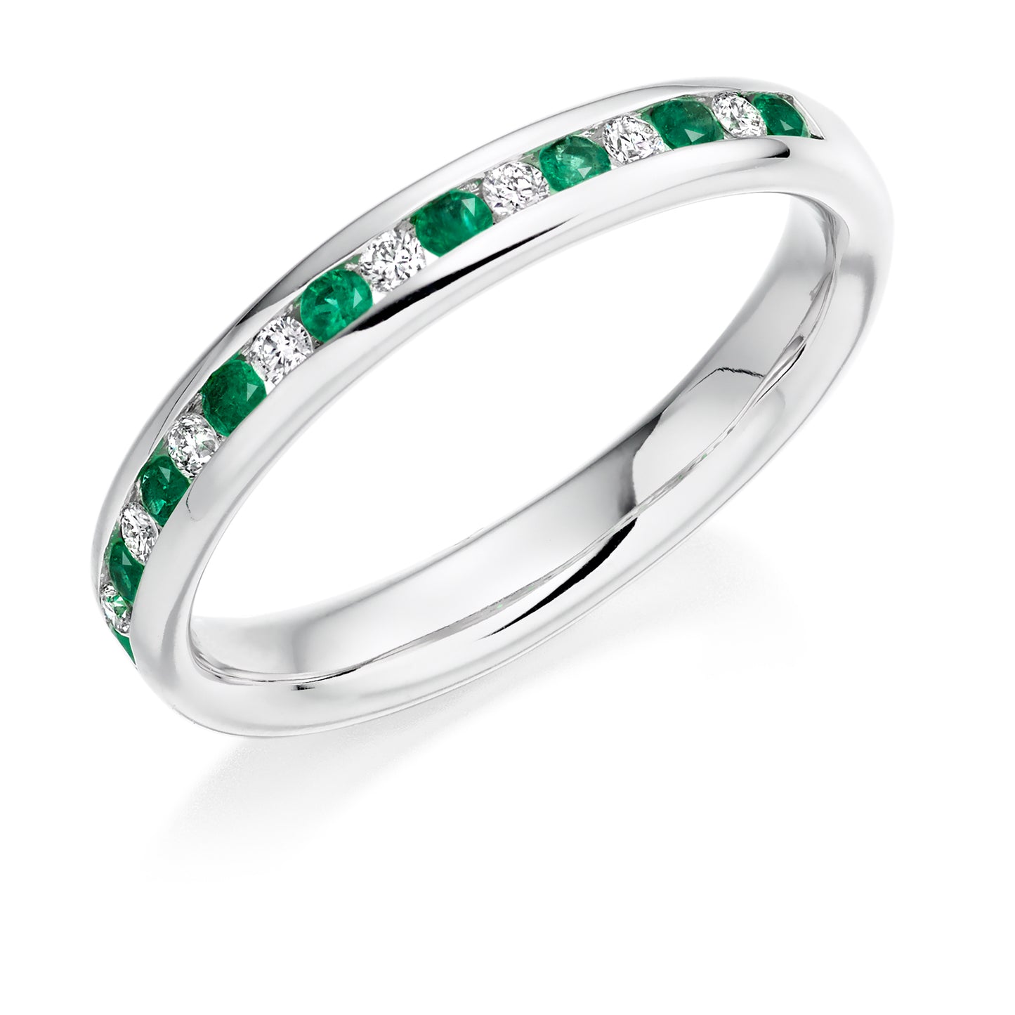 Round Brilliant Channel Set Diamond & Emerald Half Eternity Ring