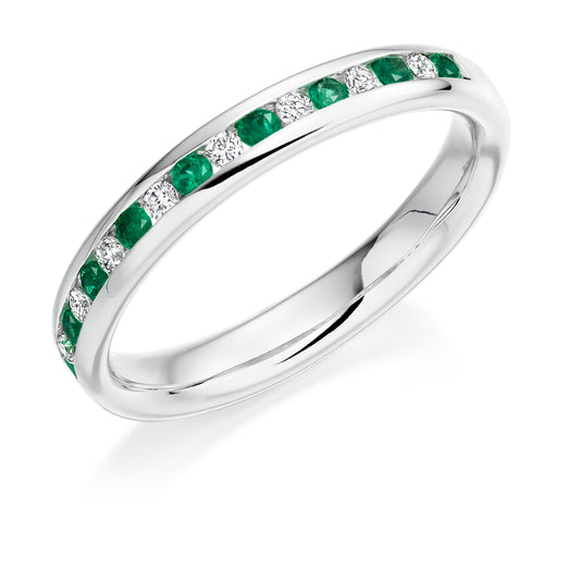 Round Brilliant Channel Set Diamond & Emerald Half Eternity Ring