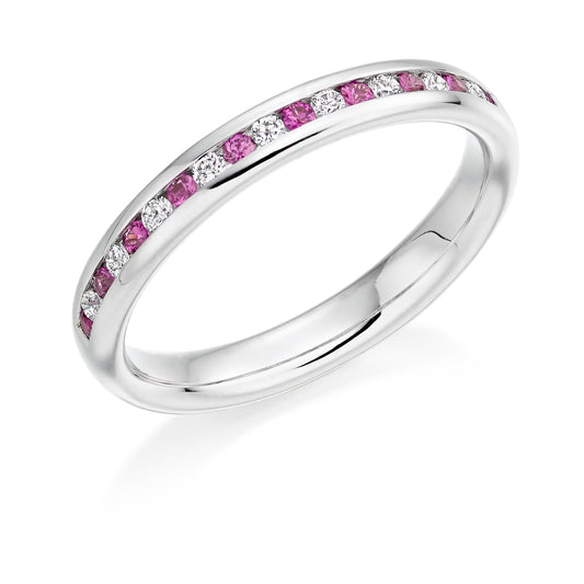 Round Brilliant Channel Set Diamond & Pink Sapphire Half Eternity Ring