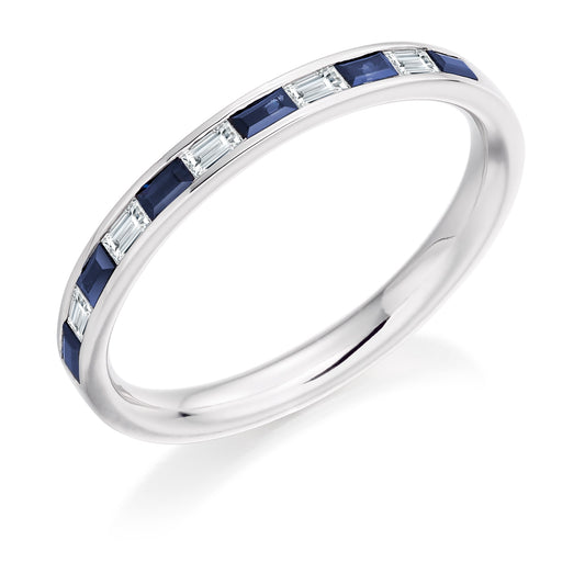 Baguette Cut Channel Set Diamond & Blue Sapphire Eternity Ring