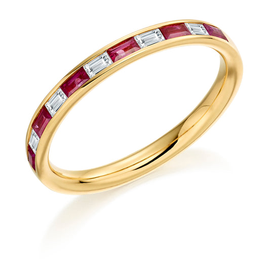 Baguette Cut Channel Set Diamond & Ruby Half Eternity Ring
