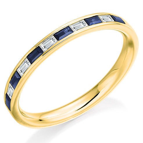 Baguette Cut Channel Set Diamond & Blue Sapphire Eternity Ring