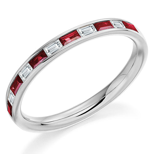 Baguette Cut Channel Set Diamond & Ruby Half Eternity Ring