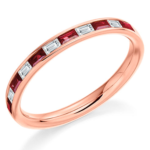 Baguette Cut Channel Set Diamond & Ruby Half Eternity Ring