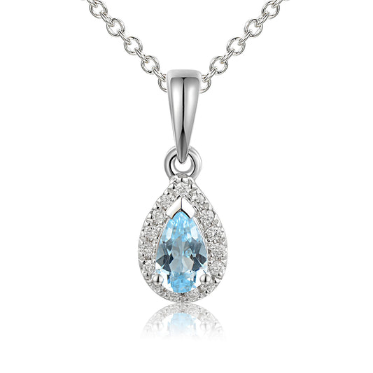 Claw Set Aquamarine & Diamond Pendant & Chain