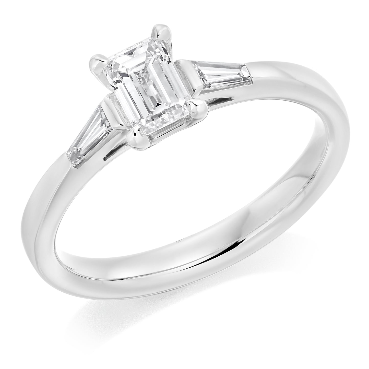Emerald Cut Trilogy Ring With Tapered Baguette Shoulders