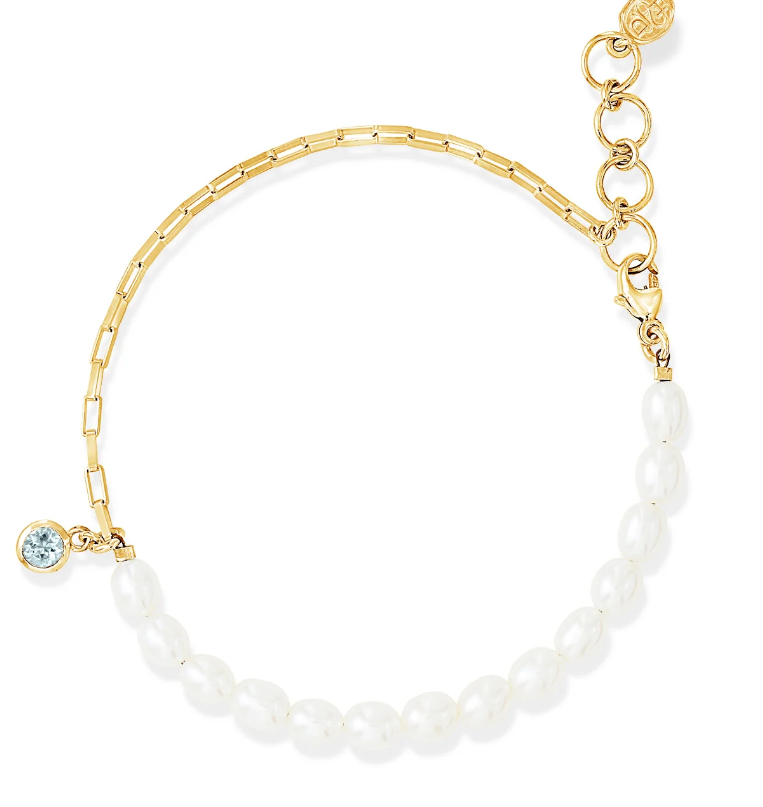 Dower & Hall Luna White Pearl, Chain & Aquamarine Drop Bracelet