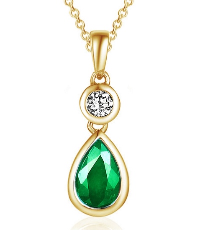 Rubover Set Pear Cut Emerald & Round Brilliant Cut Diamond Drop Pendant & Chain