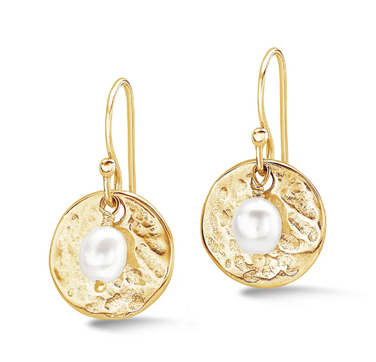 Dower & Hall Hammered Disc & White Fresh Pearl Nomad Earrings