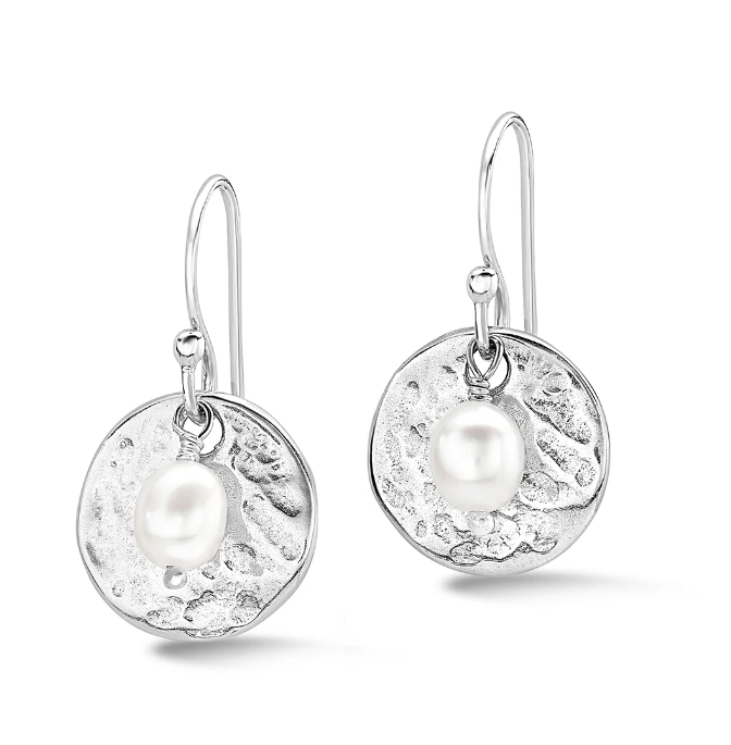 Dower & Hall Hammered Disc & White Fresh Pearl Nomad Earrings