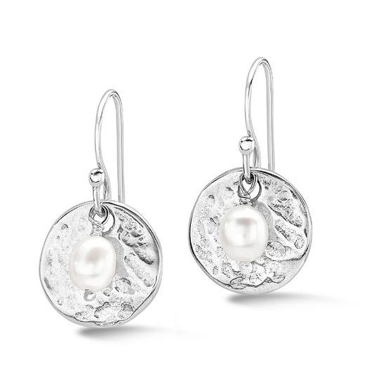 Dower & Hall Hammered Disc & White Fresh Pearl Nomad Earrings