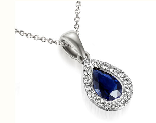 Micro Set Diamond Halo & Sapphire Pear Pendant & Chain