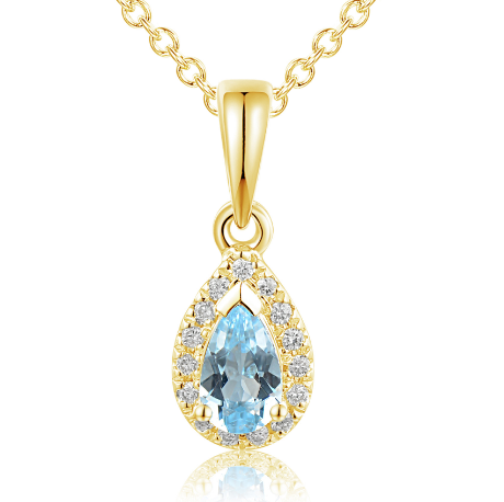 Micro Set Diamond Halo & Aquamarine Pear Pendant and Chain