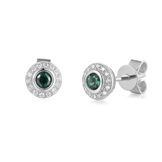 Rubover Set Emerald & micro Set Diamond Halo Stud Earrings