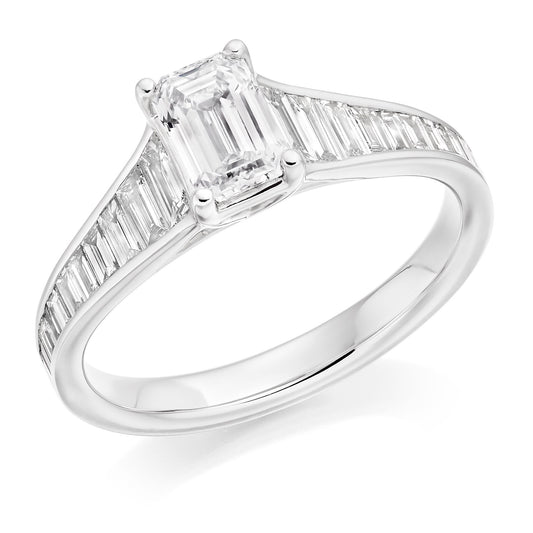 Emerald Cut Diamond Solitaire With Diamond Set Shoulders