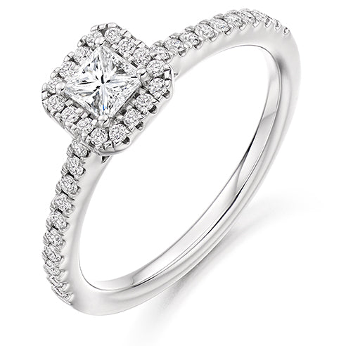 Princess Cut Halo Solitaire With Diamond Set Shoulders