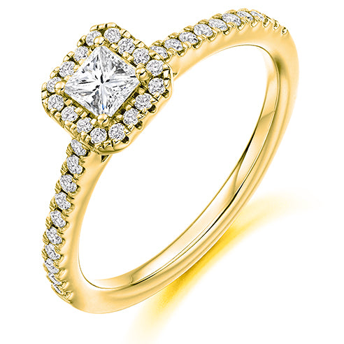 Princess Cut Halo Solitaire With Diamond Set Shoulders