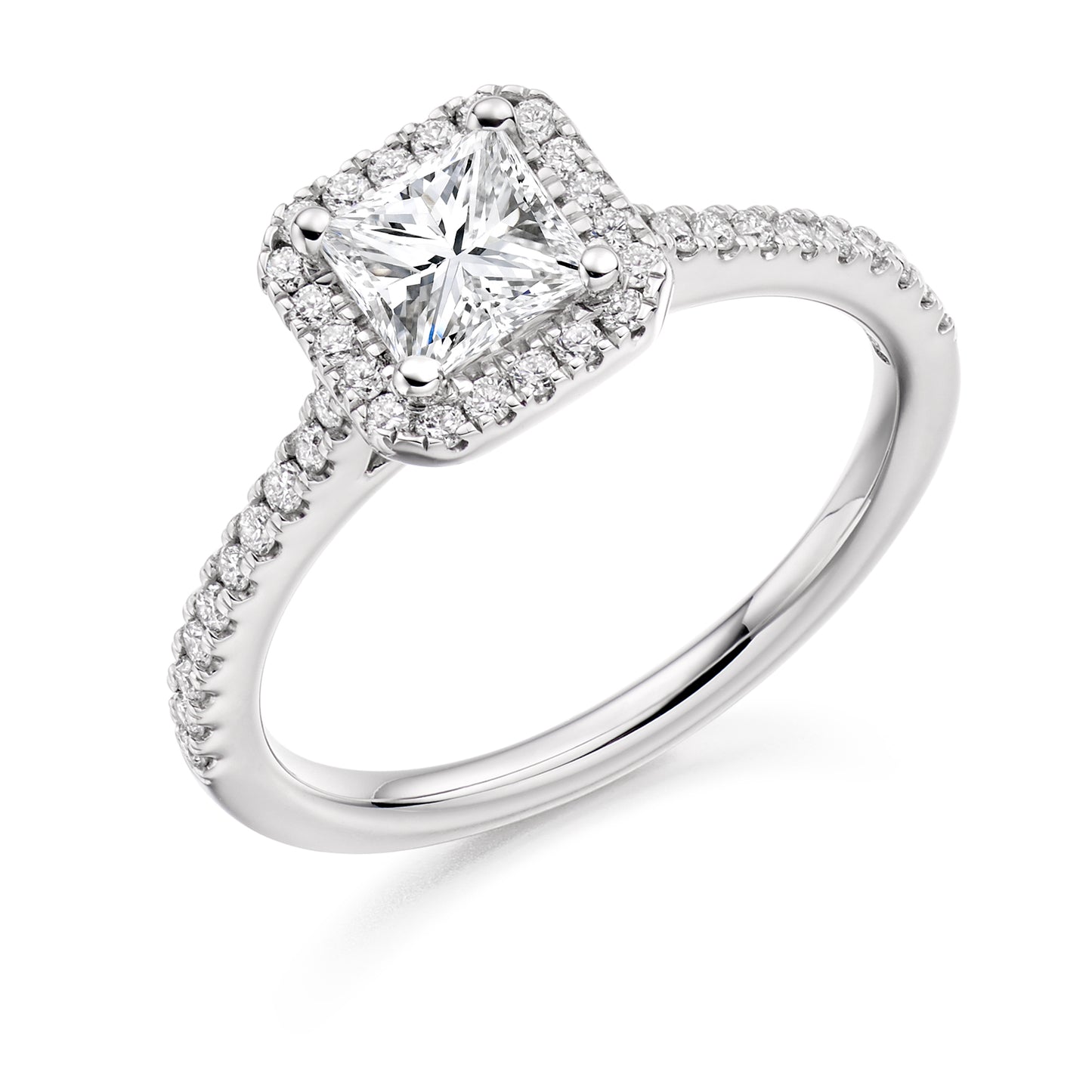 Princess Cut Halo Solitaire With Diamond Set Shoulders