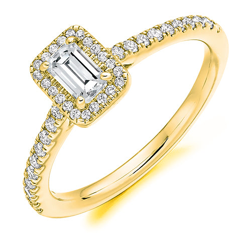 Emerald Cut Halo Solitaire With Diamond Set Shoulders