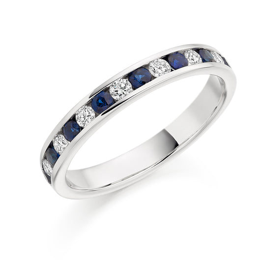 Round Brilliant Channel Set Diamond & Blue Sapphire Half Eternity Ring