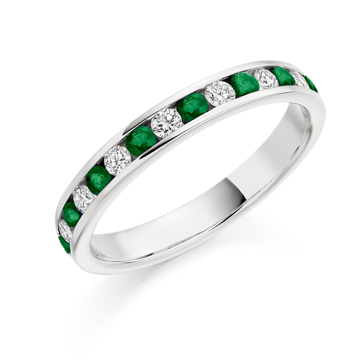 Round Brilliant Channel Set Diamond & Emerald Half Eternity Ring