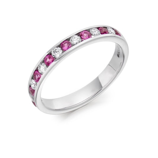 Round Brilliant Channel Set Diamond & Pink Sapphire Half Eternity Ring