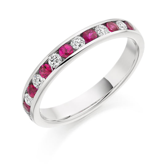 Round Brilliant Channel Set Diamond & Ruby Half Eternity Ring