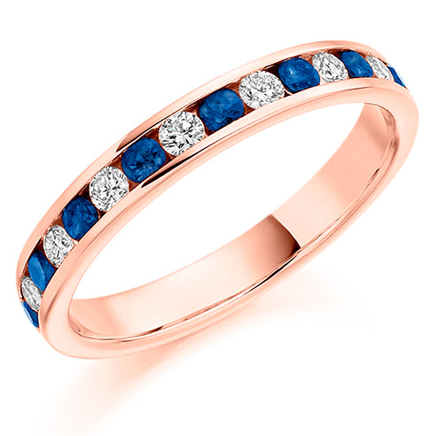 Round Brilliant Channel Set Diamond & Blue Sapphire Half Eternity Ring