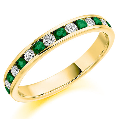 Round Brilliant Channel Set Diamond & Emerald Half Eternity Ring