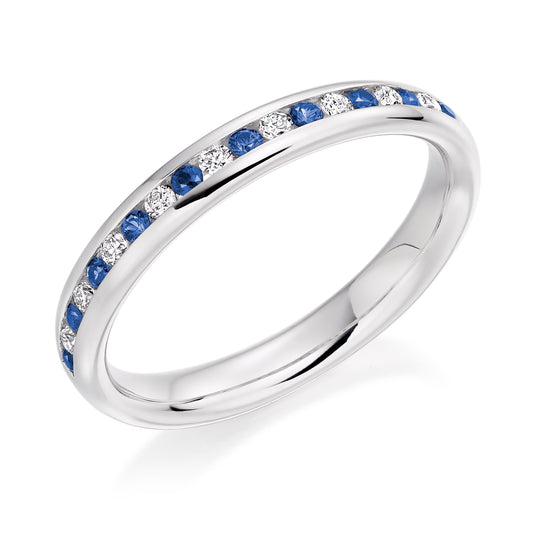 Round Brilliant Channel Set Diamond & Blue Sapphire Half Eternity Ring