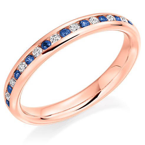 Round Brilliant Channel Set Diamond & Blue Sapphire Half Eternity Ring