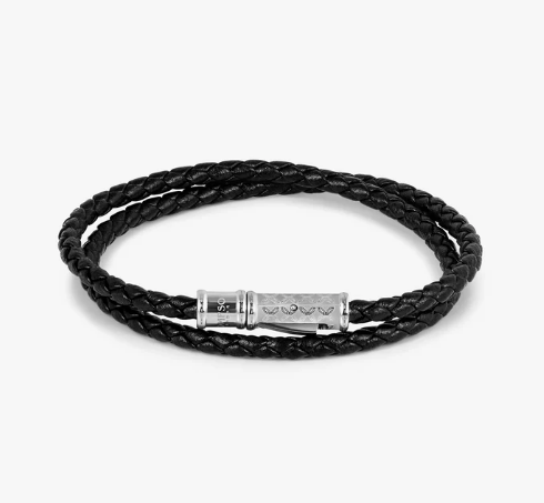 THOMPSON Lucky Clover Double Wrap Bracelet In Black Leather