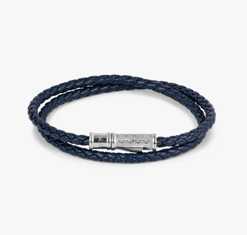 THOMPSON Lucky Clover Double Wrap Bracelet In Navy Leather