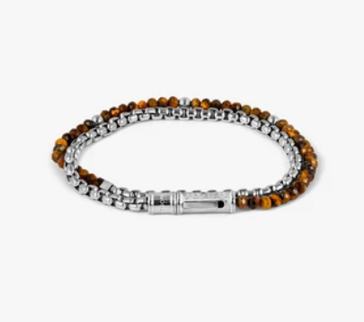 THOMPSON Lucky Clover Double Wrap Bracelet In Tiger Eye With Stainless Steel