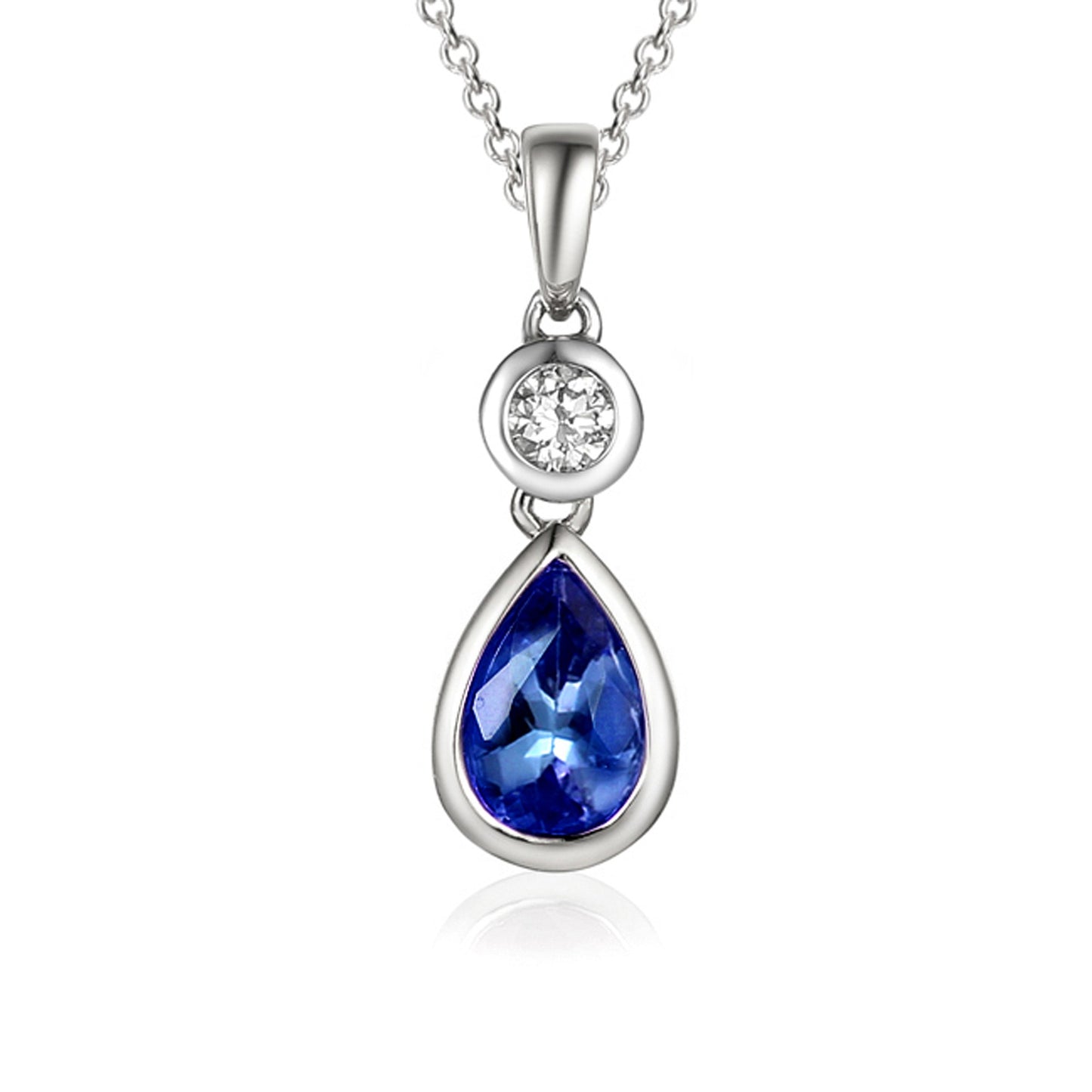 Rubover Set Pear Cut Blue Sapphire & Round Brilliant Cut Diamond Drop Pendant & Chain