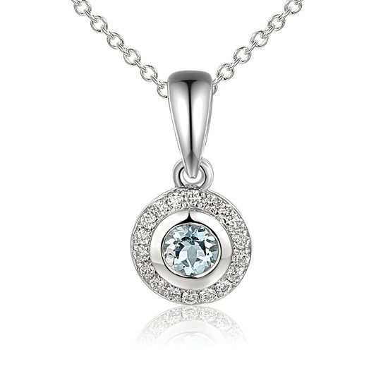 Rubover Set Aquamarine & Micro Set Diamond Halo Pendant & Chain