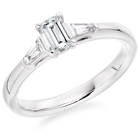 Emerald Cut Trilogy Ring With Tapered Baguette Shoulders