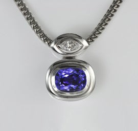 Rubover Set Cushion Cut Tanzanite & Marquise Cut Diamond Pendant & Chain