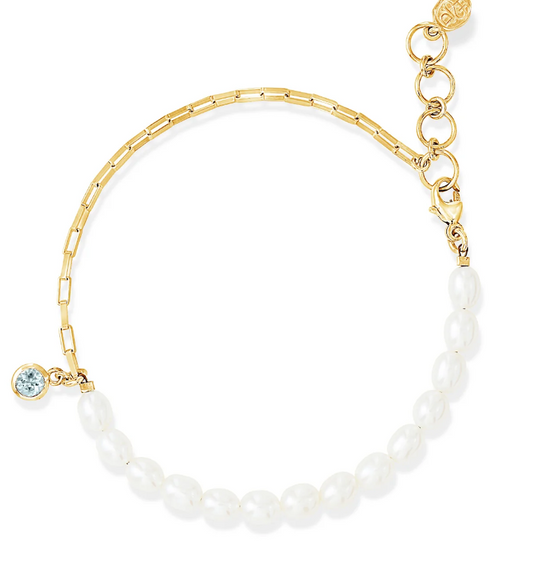 Dower & Hall Luna White Pearl, Chain & Aquamarine Drop Bracelet
