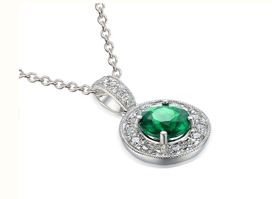 Claw Set Halo Emerald & Diamond Pendant & Chain