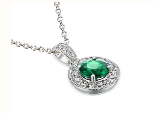 Claw Set Halo Emerald & Diamond Pendant & Chain