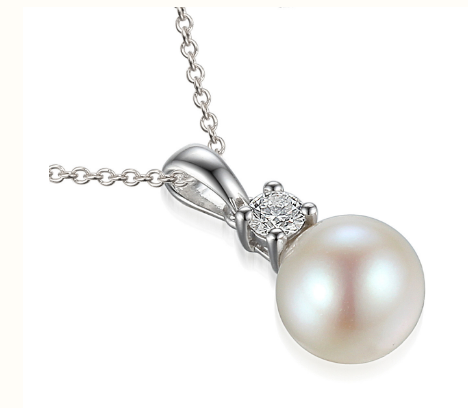 Claw Set Round Brilliant Cut Diamond And Pearl Drop Pendant And Chain